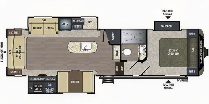 RV rental floor plan: a spacious interior layout featuring a living area, kitchen, full bath, and queen bedroom.. Keystone RV Laredo 2020