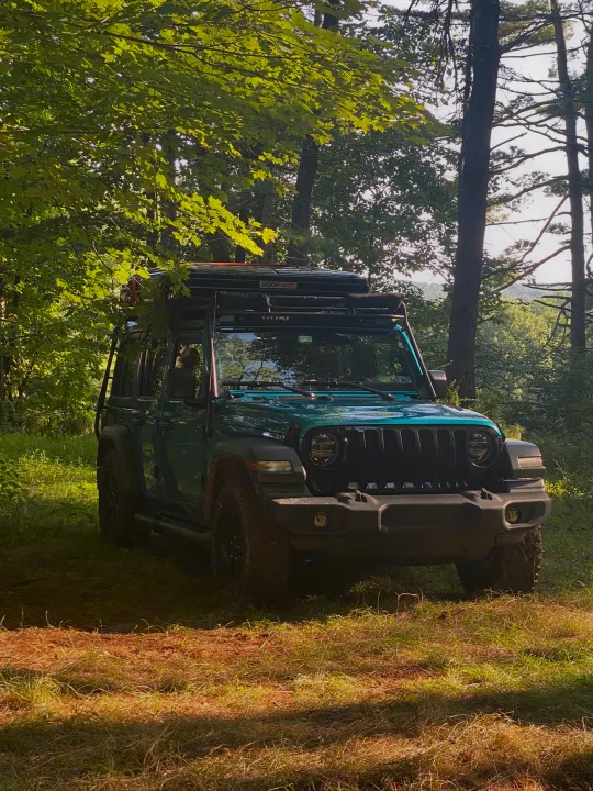 Green Jeep Wrangler, equipped with a Roofnest rooftop tent, parked in a sunlit forest. An adventurous alternative to an RV rental.. Other Other 2020