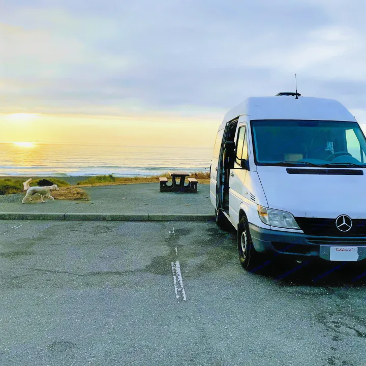 White Mercedes camper van RV rental parked at ocean view sunset. Dog and picnic table complete this California scene.. Mercedes Sprinter 2006