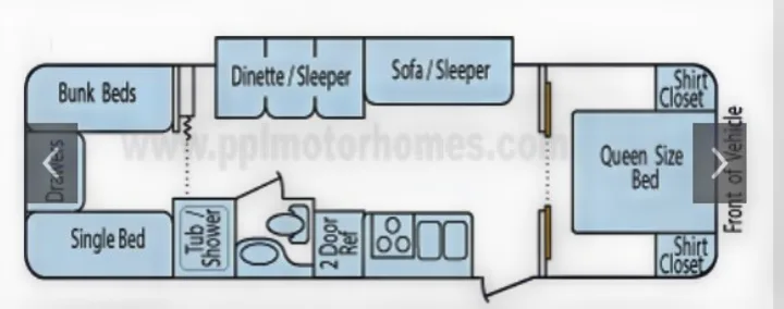 RV rental floor plan details: Queen, bunk, single beds; sofa/dinette sleepers; kitchen with fridge; and tub/shower bath.. Frontier Hyperlite 28RBH 2008