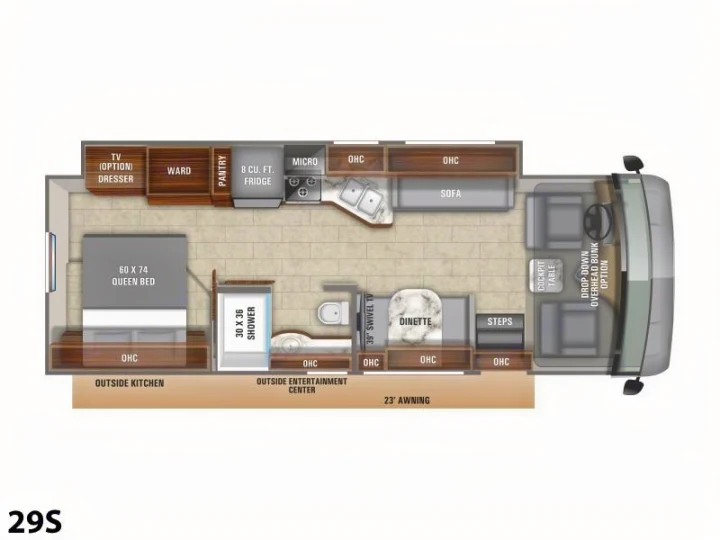 This 29S RV rental floor plan illustrates the layout: queen bed, kitchen, bath, dinette, sofa, cockpit, and outdoor living.. Entegra Coach Other 2021