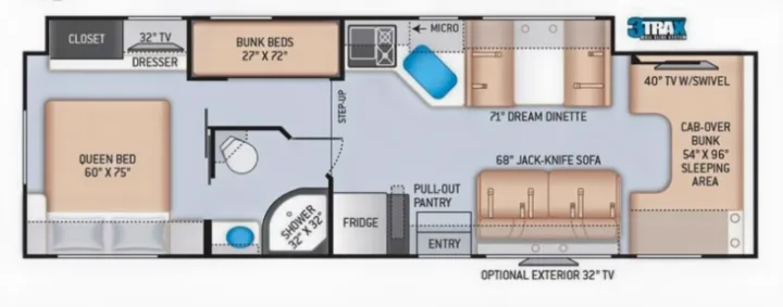 This RV rental floor plan highlights a practical layout with queen bed, bunks, dinette, sofa, and cab-over sleeping for trips.. Thor Motor Coach Chateau 2021