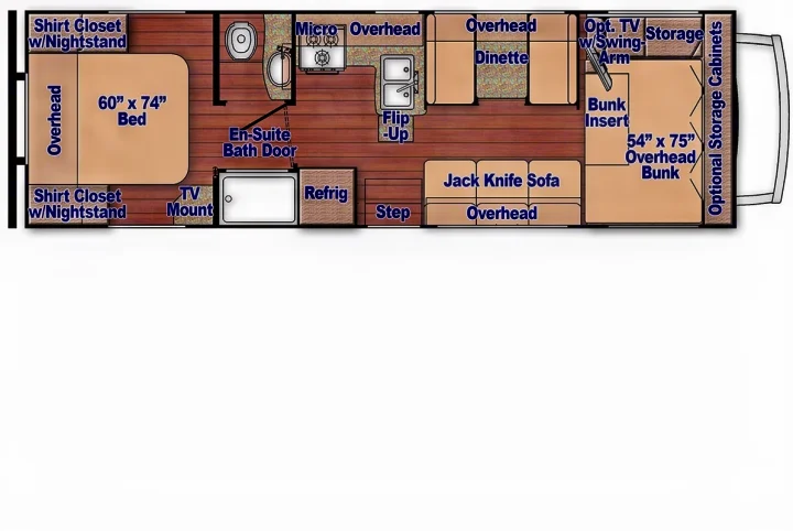 This RV rental floor plan details the interior layout with bedroom, kitchen, bath, dinette, sofa, and bunk areas.. Ford Majestic 2007