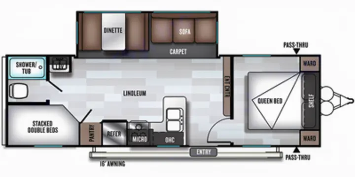 This RV rental floor plan displays a travel trailer's interior layout, featuring a queen bed, stacked double beds, and kitchen.. Forest River Salem 2019