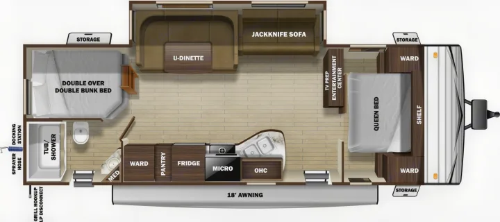 Spacious RV rental floor plan shows queen bed, bunk beds, kitchen, bath, dinette, sofa, & 18' awning.. Open Range Open Range 2020