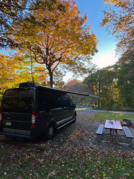 Black RV rental parked in an autumn campsite with extended awning, picnic table, and fire pit under colorful trees.. Winnebago Travato 2018