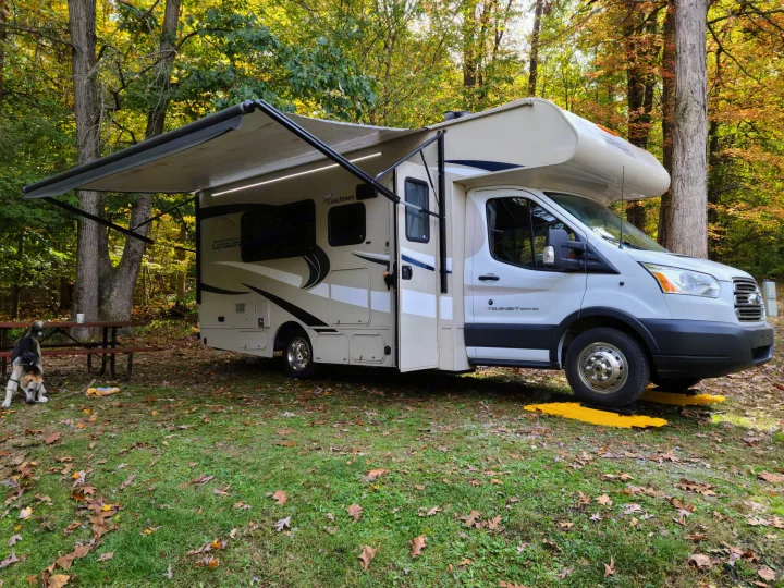 This Coachmen Orion rv rental is perfectly set up at a leafy autumn campsite, complete with an awning, leveling blocks, and a playful dog.. Coachmen Other 2018