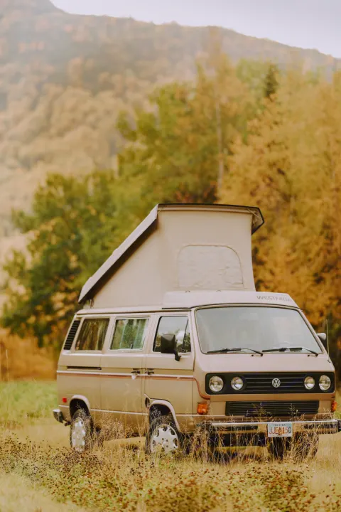 A vintage tan Volkswagen Westfalia pop-top camper van, ideal for an RV rental, sits in an autumn field.. Volkswagen Westfalia 1986