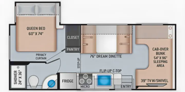 RV rental floor plan: 60"x74" queen bed, 54"x96" cab-over bunk, 76" dinette, kitchen, bath layout for travel.. Thor Freedom Elite 2021