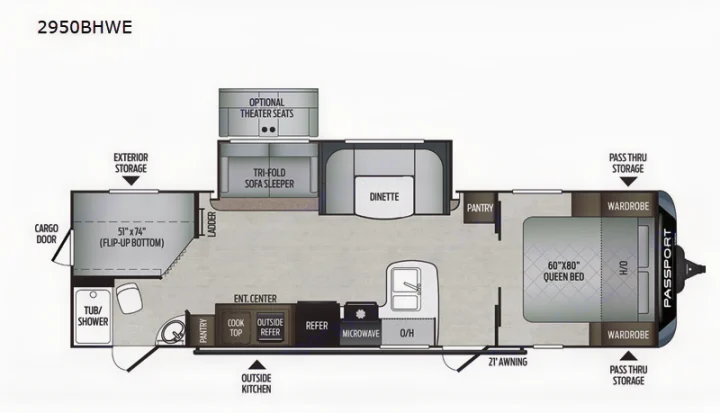 Detailed RV rental floor plan for a travel trailer, showing queen bed, dinette, kitchen, and bathroom layout.. Keystone RV Passport GT 2021