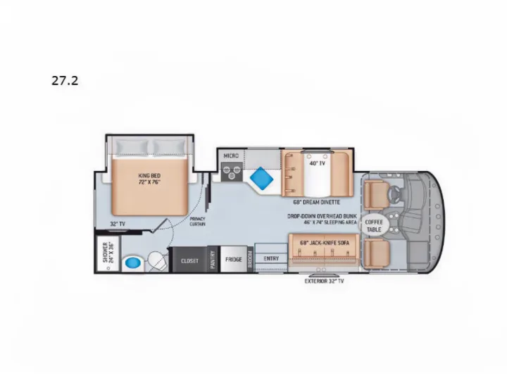 Detailed RV rental floor plan 27.2, featuring a king bed, dinette, and full bath. Visualize your next motorhome adventure.. Other A.C.E 2020