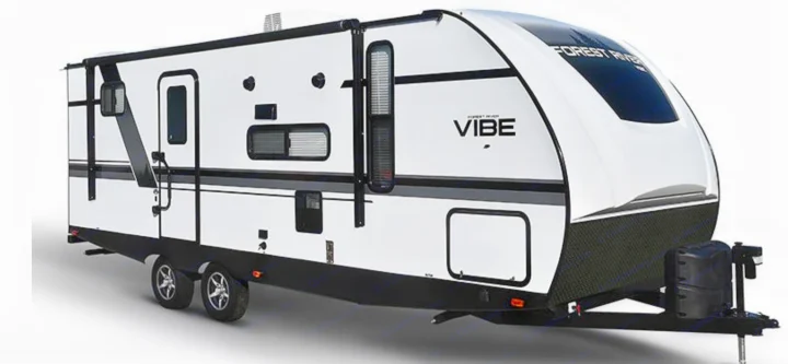 Modern white Forest River Vibe travel trailer, a versatile recreational vehicle for RV rental.. Forest River Vibe 2021