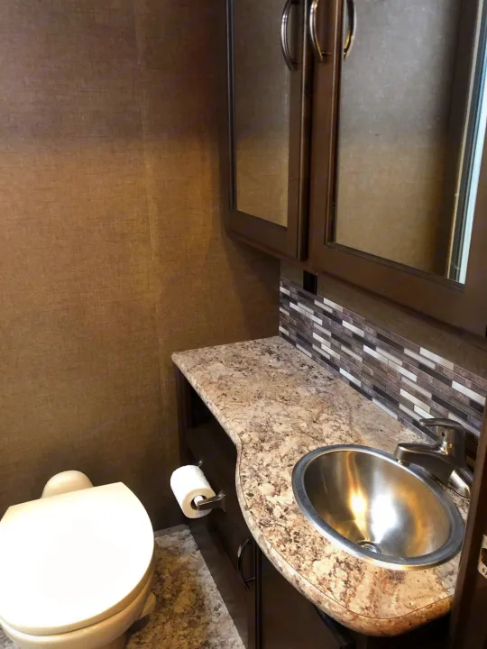 Compact RV rental bathroom with a toilet, small sink, mirrored cabinet, and patterned backsplash.. Thor Four Winds 2020