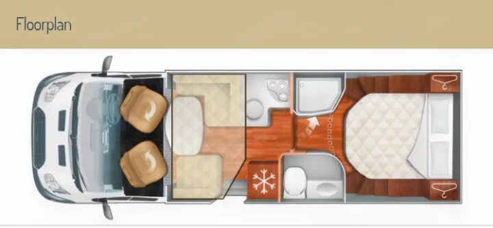 RV rental floorplan displaying a motorhome's interior: swivel cab seats, convertible dinette, kitchen, bathroom, and rear fixed bed.. Rollerteam Zefiro 696 2025