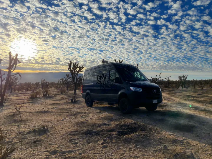 An RV rental Sprinter van, with a dog on top, parked among Joshua trees under a sky full of stunning, scattered clouds.. Mercedes-benz 4x4 Sprinter mwb 2019