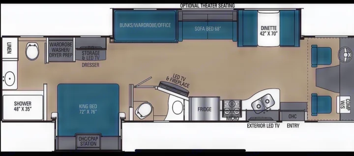 This RV rental floor plan details a spacious layout including a king bed, bunks/office, full bath, kitchen, and living area.. Coachmen Mirada 2021