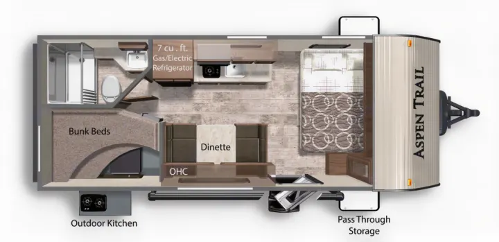 Explore this Aspen Trail RV rental floor plan with bunk beds, kitchen, dinette, and pass-through storage.. Dutchmen Aspen Trail LE 1950BH 2020