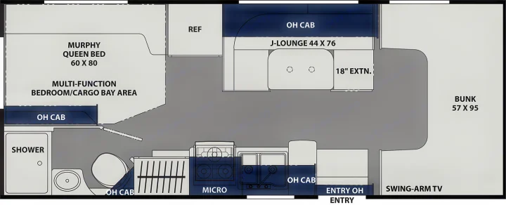 Detailed rv rental floor plan: Explore the layout including a Murphy queen bed, bunk, J-lounge, kitchen, and bathroom.. Coachmen Freelander 2021