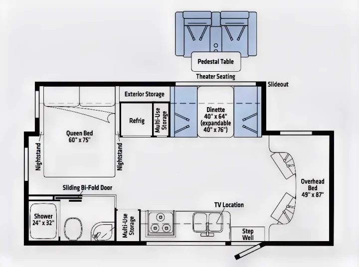RV rental floor plan with queen bed, dinette, kitchen, bath, and theater seating layout, showing storage & dimensions.. Winnebago Mercedes Sprinter 2020