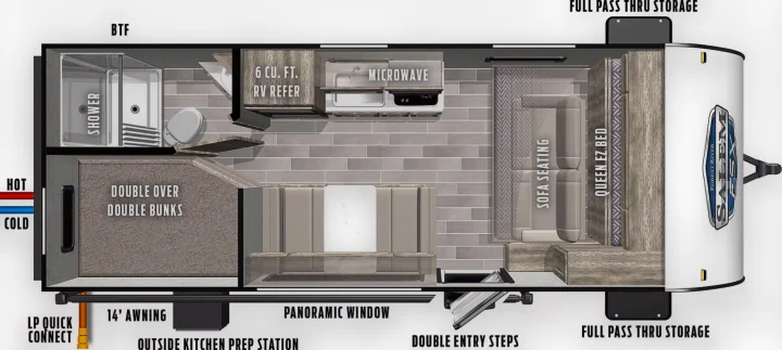 RV rental floor plan: Detailed travel trailer interior with bunks, queen bed, kitchen, bath, and dinette for comfortable travel.. Forest River Salem 2021