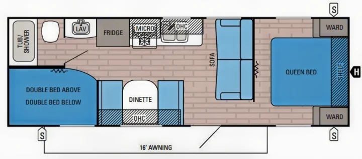 RV rental floor plan: Travel trailer with queen bed, bunk beds, kitchen, dinette, bath, sofa. Features slide-outs & 16' awning.. Jayco Jay Flight 2016