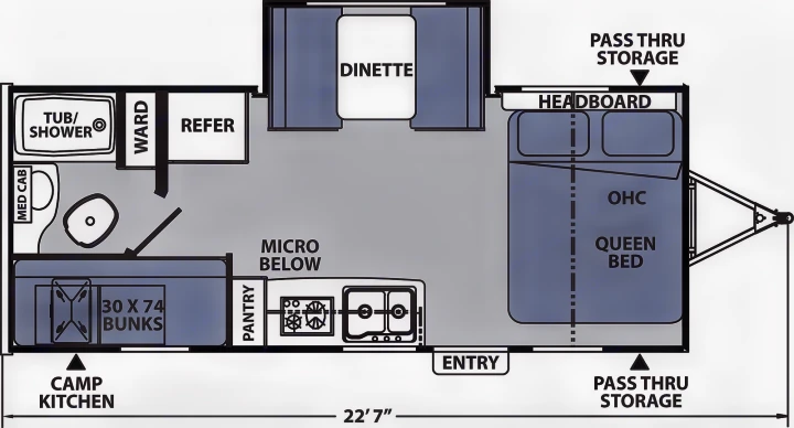This RV rental floor plan features a queen bed, bunks, dinette, kitchen, and bathroom, perfect for family adventures.. Coachmen Apex Nano 194 BHS 2021