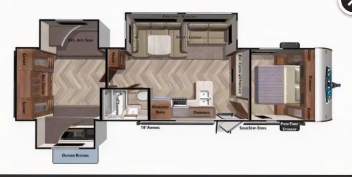 Detailed floor plan of a spacious rv rental, showing a bedroom, kitchen, bath, and living area with panoramic windows and outdoor kitchen.. Forest River Salem 2021