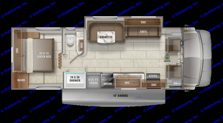 This RV rental floor plan features a queen bed, U-dinette, sofa, kitchen with fridge/micro, shower, and cab-over bunk. Includes swivel chairs.. Jayco Redhawk 2021