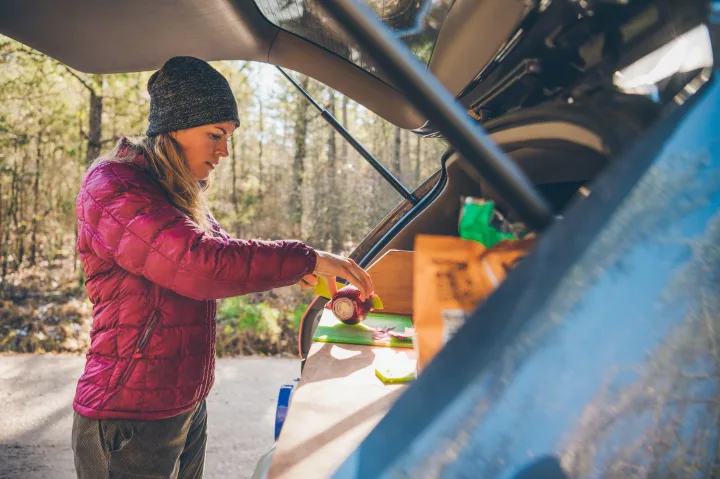 An RV rental provides kitchen convenience. A woman preps a red onion for cooking from the open trunk, surrounded by trees.. Toyota Other 2007