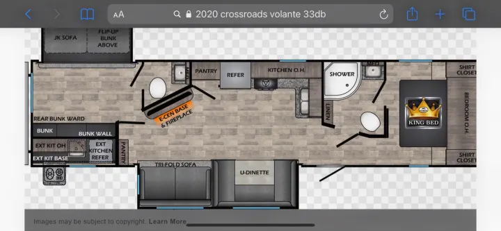 Detailed RV rental floorplan of a 2020 Crossroads Volante 33DB travel trailer, showing a bunkhouse, king bed, and full interior layout.. crossroads Volante 2020