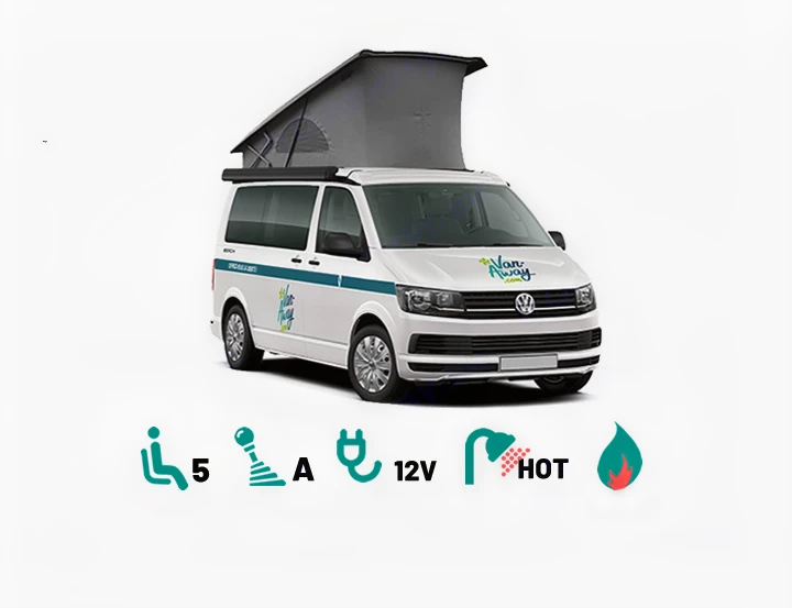 White pop-top campervan RV rental. Seats 5, automatic, 12V, hot shower. Ideal for trips.. Volkswagen Transporter T6.1 2021