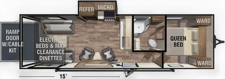 RV rental: Top-down view of a toy hauler floor plan. Features ramp, electric beds, queen bed, kitchen, & bath.. Forest River XLR HYPERLITE 2815 2021