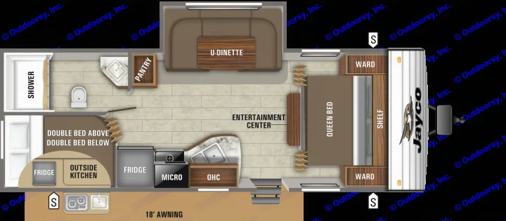 This RV rental floor plan details the interior layout with a queen bed, bunks, full kitchen, and dinette, plus an 18' awning.. Jayco Jay Flight SLX Rocky Mtn Edition 2019