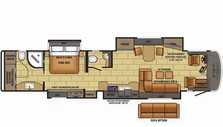 RV rental floor plan: Spacious layout with king bed, full bath, kitchen, and living area, ideal for travel comfort.. Entegra Coach Anthem 44B 2017