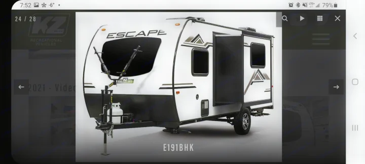 Modern KZ Escape E191BHK travel trailer. Ideal for rv rental, featuring a large front window and black/white exterior.. K-Z Manufacturing Escape 191bhk 2021