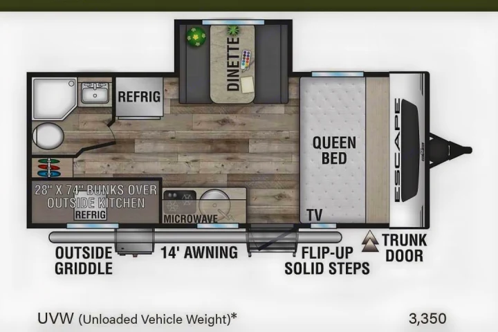 Explore this RV rental's detailed floorplan, featuring a queen bed, dinette, full kitchen, bathroom, and bunk beds for family comfort.. K-Z Manufacturing Escape 2021