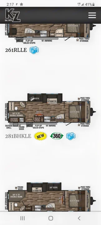 RV rental selection: Top-down views of 261RLLE & 281BHKLE travel trailer floor plans, highlighting sleeping, dining, and kitchen areas.. Other Sportsmen 2019
