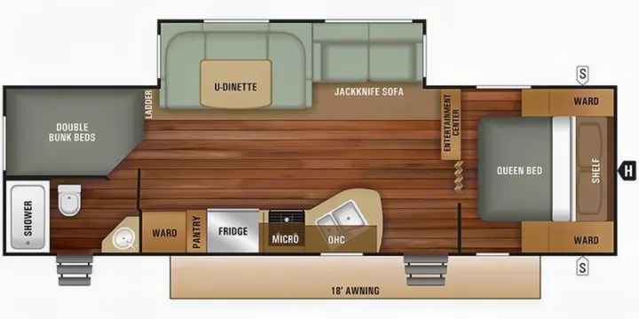 RV rental floor plan: spacious layout featuring double bunk beds, queen bed, kitchen, bath, and U-dinette.. Starcraft Autumn Ridge 2020