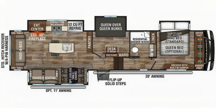 Detailed RV rental floor plan, showing a spacious camper layout with king bed, bunks, kitchen, and living areas.. KZ Recreational Vehicles Durango 2021