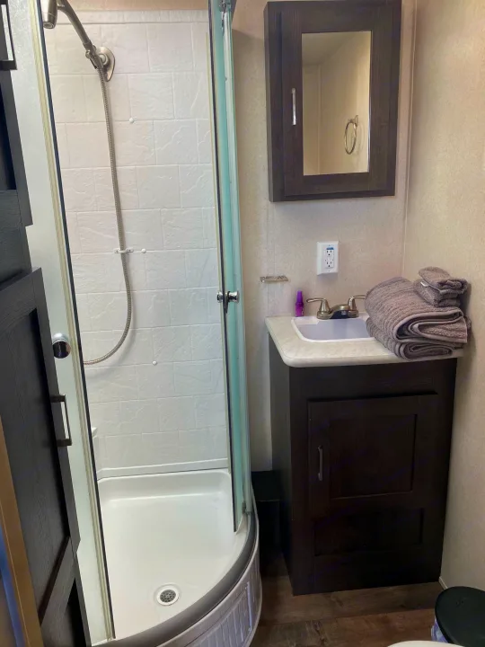 RV rental features a compact bathroom: shower, dark wood vanity with sink, and mirror cabinet.. Forest River Wildwood 2018