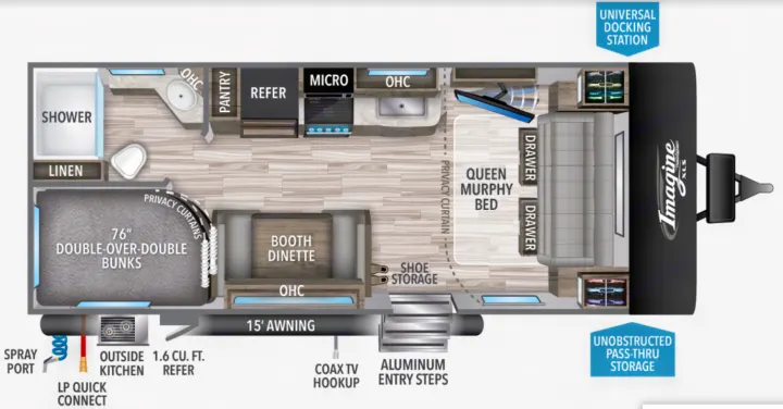 RV rental: Imagine XLS travel trailer floor plan with queen bed, bunks, kitchen, bath, and storage.. Grand Design Imagine XLS 2021