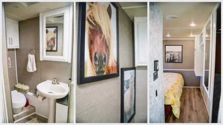 Chic RV rental interior: bathroom, hallway with horse and alpaca art, and a cozy bedroom.. Fleetwood Bounder 2015