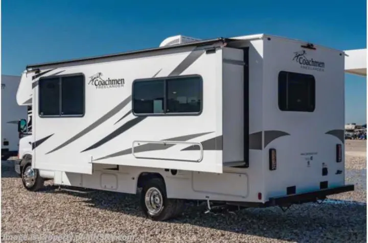 This white Coachmen Freelander Class C motorhome rental features an extended awning and rear slide-out. Perfect for travel!. Coachmen Freelander 2022