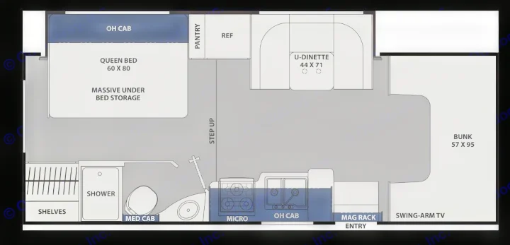 RV rental interior layout: detailed floor plan showing a queen bed, bunk, U-dinette, kitchen, and bath.. Coachmen Freelander 2022