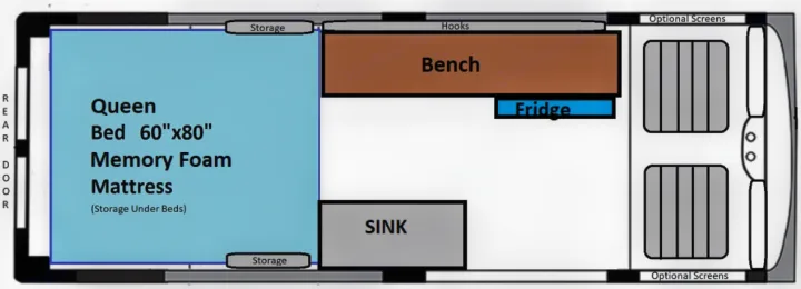 RV rental floor plan: Features a queen bed (60"x80") with storage, sink, fridge, bench, and hooks for travel.. Ford transit 2019