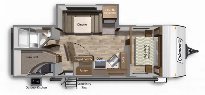 Overhead view of an RV rental layout with queen bed, bunks, kitchen, dinette, and bathroom. Explore its features!. Dutchmen Coleman 2021