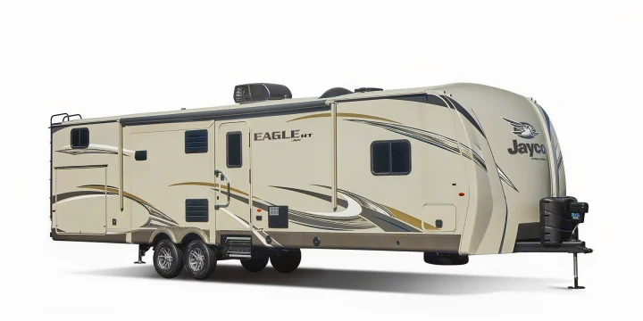 A light-colored Jayco Eagle HT fifth-wheel RV with multiple windows and an awning, perfect for an RV rental.. Jayco Eagle HT 2018