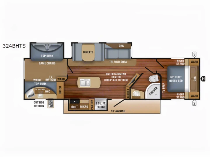 RV rental floor plan: Detailed 324BHTS layout. Features include queen bed, bunk room, kitchen, living area, & bath.. Jayco Eagle HT 2018