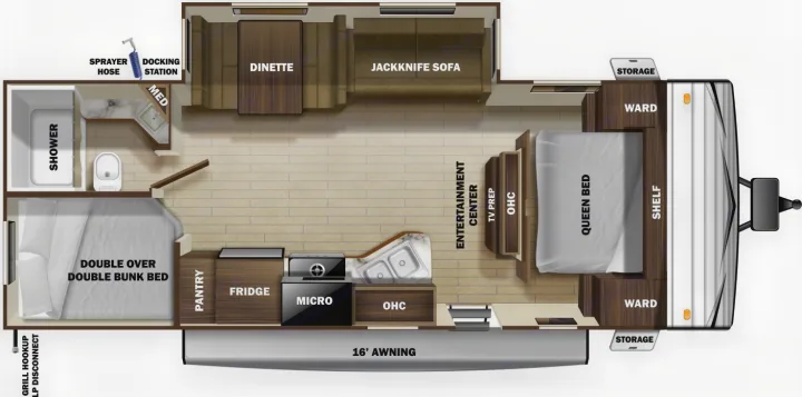 Explore this RV rental travel trailer floor plan, featuring queen & bunk beds, full kitchen, bath, dinette, and entertainment area.. Open Range 26BHS 2021