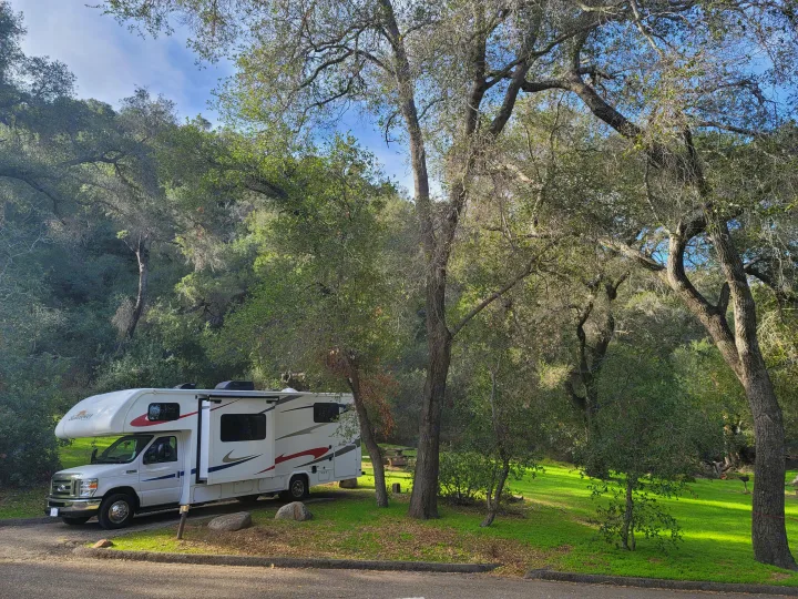 An RV rental rests on a paved spot within a lush, green campsite, nestled among abundant trees and natural surroundings.. Forest River Sunseeker 2019